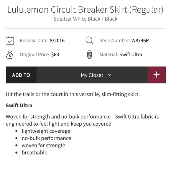 Lululemon Circuit Breaker Skirt (Regular)
Splatter White Black / Black Size 10 - Picture 15 of 16